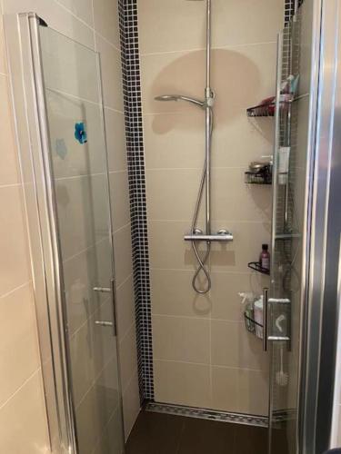 une douche avec une porte vitrée dans une salle de bain dans l'établissement Villa moderne dans village typique, à Briatexte