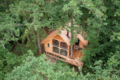 an overhead view of a tree house in the woods at Les cabanes des Dolimarts in Bohan
