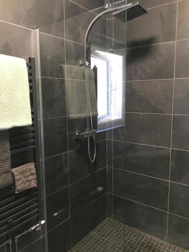 a bathroom with a shower with a glass door at Penarth refurbishment in Cardiff