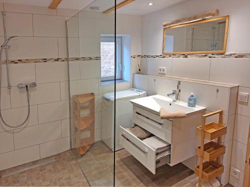 a bathroom with a sink and a shower at Kulturfreizeiten Ferienwohnungen in Neuruppin