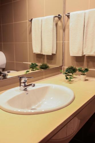 a bathroom with a sink and a mirror and towels at Burguezia do Leitão in Casal Comba