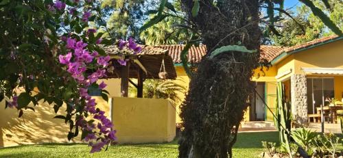 a house with a tree with purple flowers at Hospedagem Fazenda Nova América in Brotas