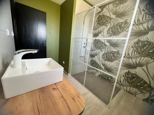 une salle de bain avec un lavabo blanc et une douche dans l'établissement maison avec piscine à débordement, à Saint-Géniès-de-Malgoirès