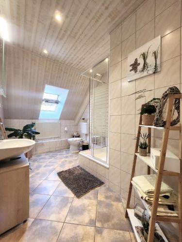 a bathroom with a shower and a toilet and a sink at Hof KuMa in Uelzen