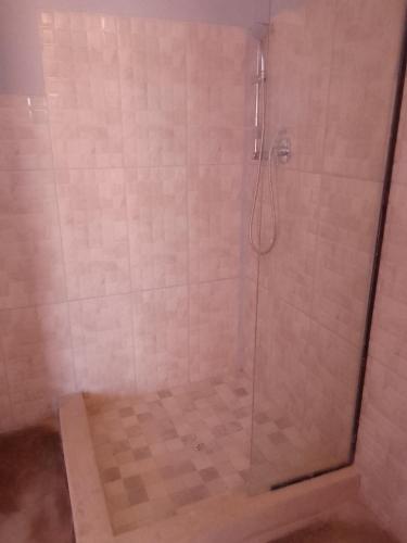 a shower with a glass door in a bathroom at Petrified forest restcamp in Khorixas