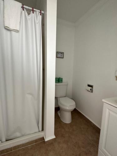a bathroom with a toilet and a shower curtain at Sandcastle Beachfront Inn in Westerly