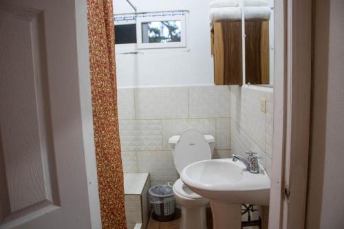 a small bathroom with a toilet and a sink at Villas Julie in Tela