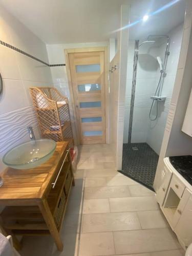 une salle de bain avec un lavabo et une douche dans l'établissement La Petite Maison, à Villetrait