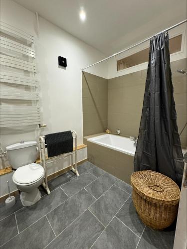 une salle de bain avec toilettes et baignoire dans l'établissement Grand appt central en duplex, 3 chambres, balcon, à Sète
