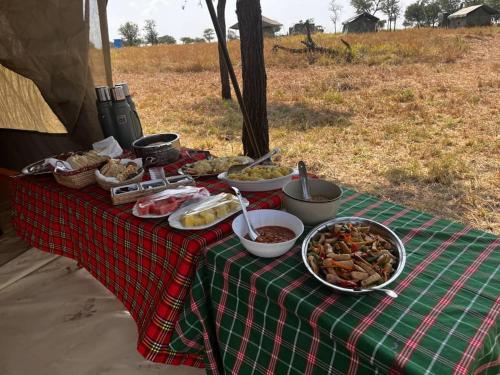 a table with food on top of a green checked table cloth at Sadanga & Sons Mobile Camp Safaris in Mugumu