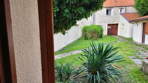 a view from a window of a yard with plants at Auberge de La Vielle Halle in Souppes-sur-Loing