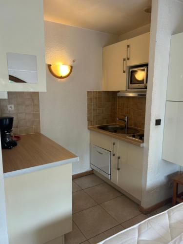 シャモニー・モンブランにあるAppartement centre villeのシンクとカウンタートップのあるキッチン