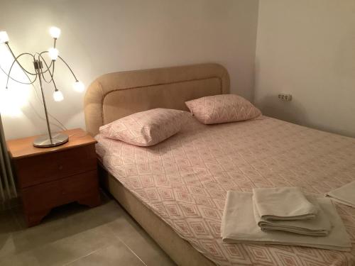 a bed with two pillows and a lamp on a night stand at Kipseli house in Athens