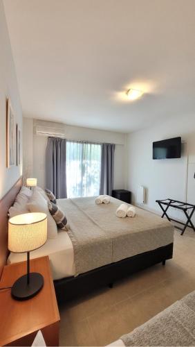 a bedroom with a large bed and a window at Soltigua Apart Hotel Mendoza in Mendoza