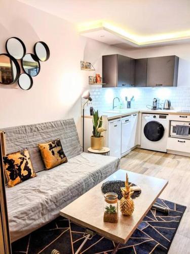 un salon avec un canapé et une cuisine dans l'établissement Centre Cannes 2-Bed Apt & garage 5min Croisette, à Cannes