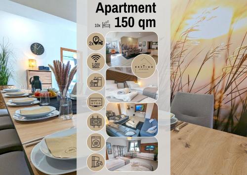 a collage of photos of a dining room with a dining table at BesTime - 5 Schlafzimmer, Wohnzimmer, Küche, Waschtrockner, Terrasse, Smart-TVs, Netflix, Tischfußball in Wildeshausen