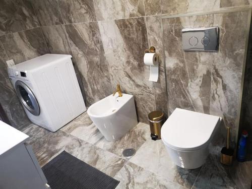 a bathroom with a white toilet and a sink at Casa Das Origens, vue sur la vallée du Douro in Mesão Frio