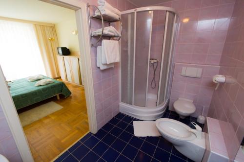 La salle de bains rose est pourvue de toilettes et d'une douche. dans l'établissement Geovita Krynica-Zdroj, à Krynica-Zdrój