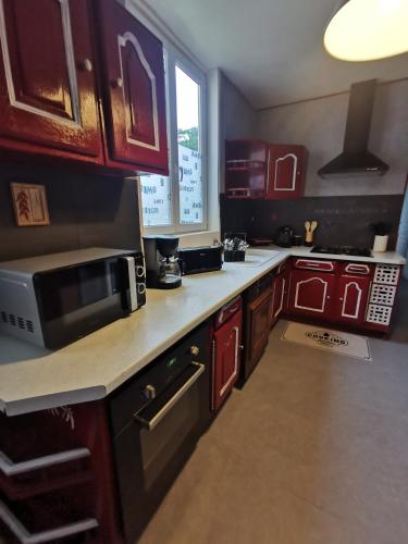 une cuisine avec des armoires rouges et un comptoir dans l'établissement Maison Familiale, à Pont-Rémy
