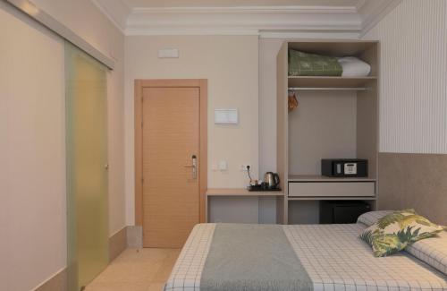 a bedroom with a bed and a wooden door at Hostal Castilla II Puerta del Sol in Madrid