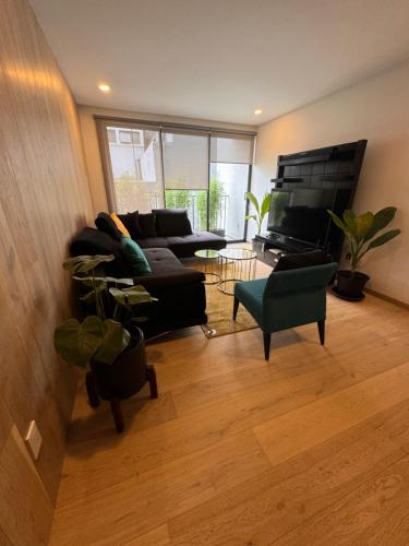 a living room with a couch and a television at Hermoso departamento en el corazón de Condesa in Mexico City