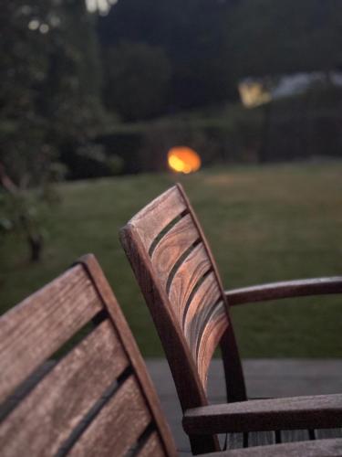 a wooden bench sitting in a park at night at TheLittleHouse-By-The-Lake in Hørsholm