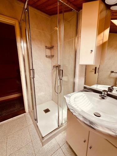 a bathroom with a shower and a sink at Oliveira Guest House in Louredo