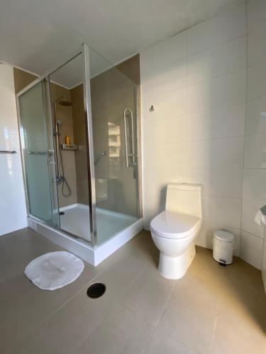 a bathroom with a glass shower and a toilet at CasaOcho in Viña del Mar