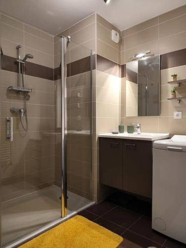 une salle de bain avec douche et lavabo dans l'établissement Appartement Résidence Le Beau Site, à Métabief