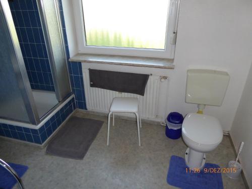 uma casa de banho com um WC, uma janela e uma cadeira em Schmidtfewo Moorgeist em Bockhorn