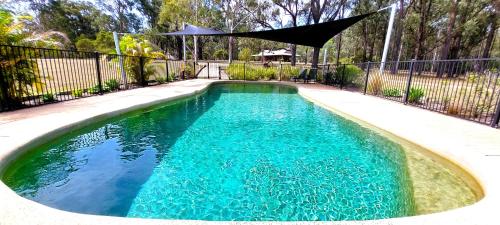 a swimming pool with blue water in a yard at Woodlane Cottages Hunter Valley in Lovedale