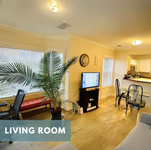 a living room with a couch and a tv at Amazing Beautiful Downtown Apt in Norfolk