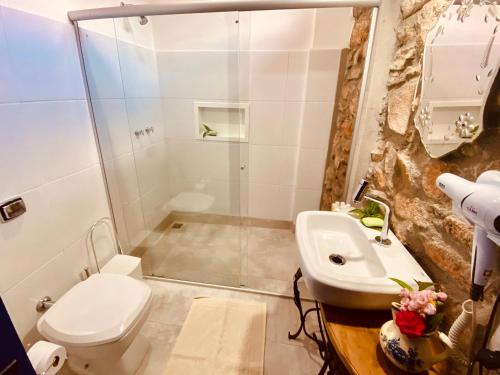 a bathroom with a shower and a toilet and a sink at Segredo da Serra Guest House in Tiradentes