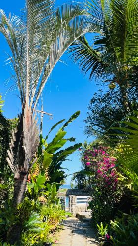 a palm tree and flowers on a beach at GUEST HOUSE Floresta Mar in Angra dos Reis
