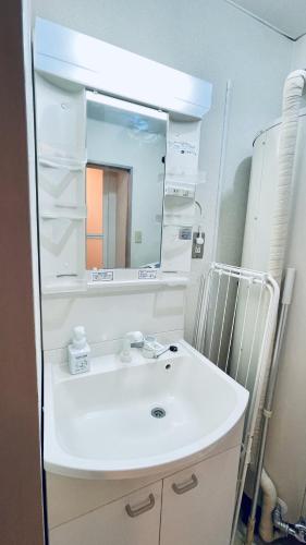 a bathroom with a white sink and a mirror at Shinjuku spacious apartment for max 8ppl in Tokyo