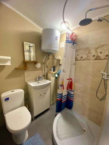 a bathroom with a toilet and a shower and a sink at Bezvējš in Jūrmala