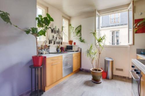 - une cuisine avec des plantes en pot et un évier dans l'établissement Charmant Duplex - Porte de Versailles- Paris -4PAX, à Paris