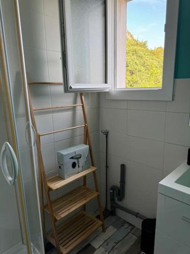 une petite salle de bains avec une étagère et une fenêtre dans l'établissement Appartement calme avec vue à 20 minutes de la gare, à Saint-Égrève