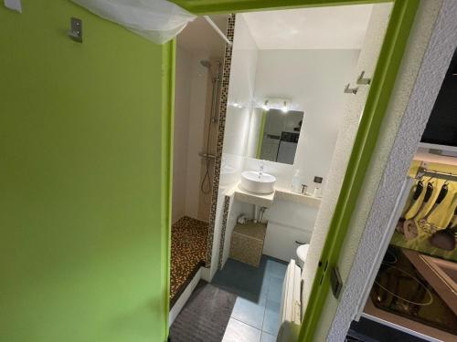 La salle de bains est pourvue d'une porte verte et d'un lavabo. dans l'établissement Appartement 5 personnes vue cime caron, à Val Thorens