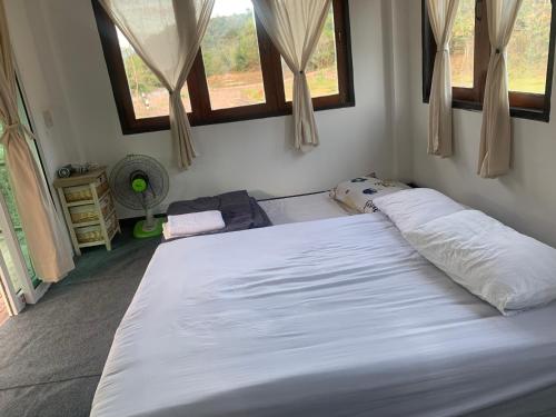 two beds in a room with two windows at บ้านนาสลี cottage บ่อเกลือ in Ban Pha Khap