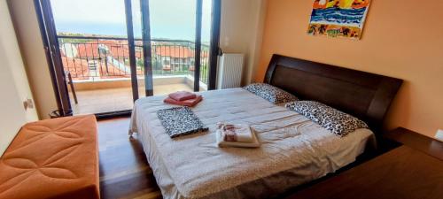 a bedroom with a bed with a large window at Olympus Panorama Luxury Apartment in Litochoro