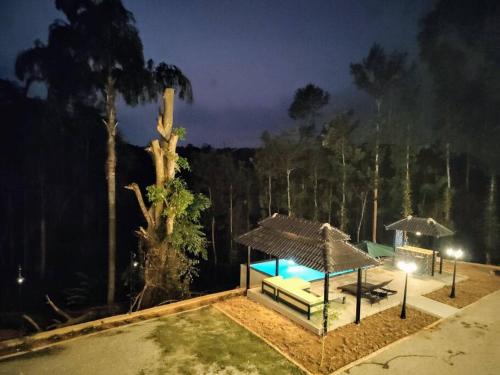 a gazebo and a swimming pool at night at Villa Forever Coorg in Madikeri