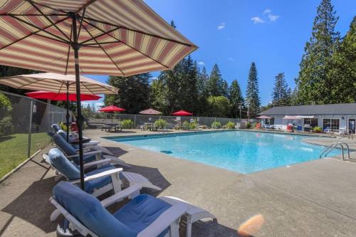 a swimming pool with lounge chairs and an umbrella at Captain's Retreat in Shelton