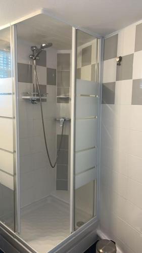 une douche avec une porte vitrée dans une salle de bain dans l'établissement Appartement le cocon perché, à Épinay-sur-Seine