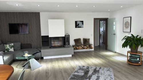 a living room with a couch and a fireplace at Business HO 03 in Neckarsulm