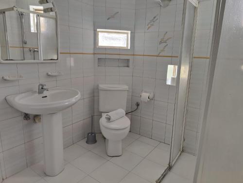 a white bathroom with a toilet and a sink at Location, Location, Location in St. Julianʼs
