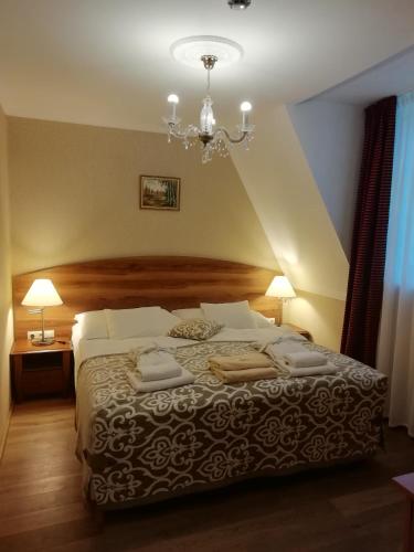 a bedroom with a bed and a chandelier at Batthyány Kastélyszálló in Zalacsány