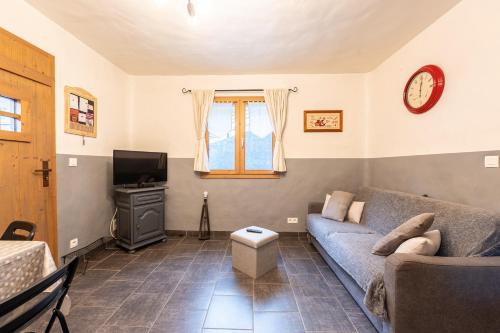 a living room with a couch and a tv at Joli Appartement Sur Le Bois in Aigueblanche