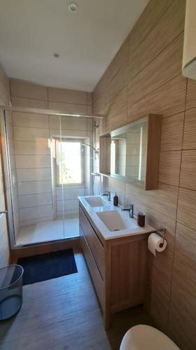 une salle de bain avec toilettes, lavabo et douche dans l'établissement appartement 2 pièces rénové de 45 m2, à 2 pas du centre historique, à Vence