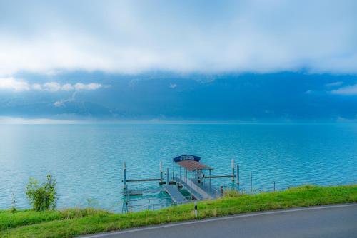 Hotel Wildbach Brienz في برينز: مرسى على كمية كبيرة من المياه